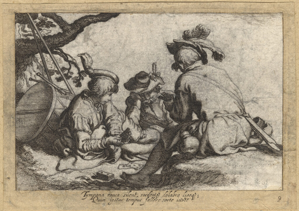 Drie kaartspelende soldaten. (Cornelis Abrahamsz Bloemaert ca. 1625-1600).
